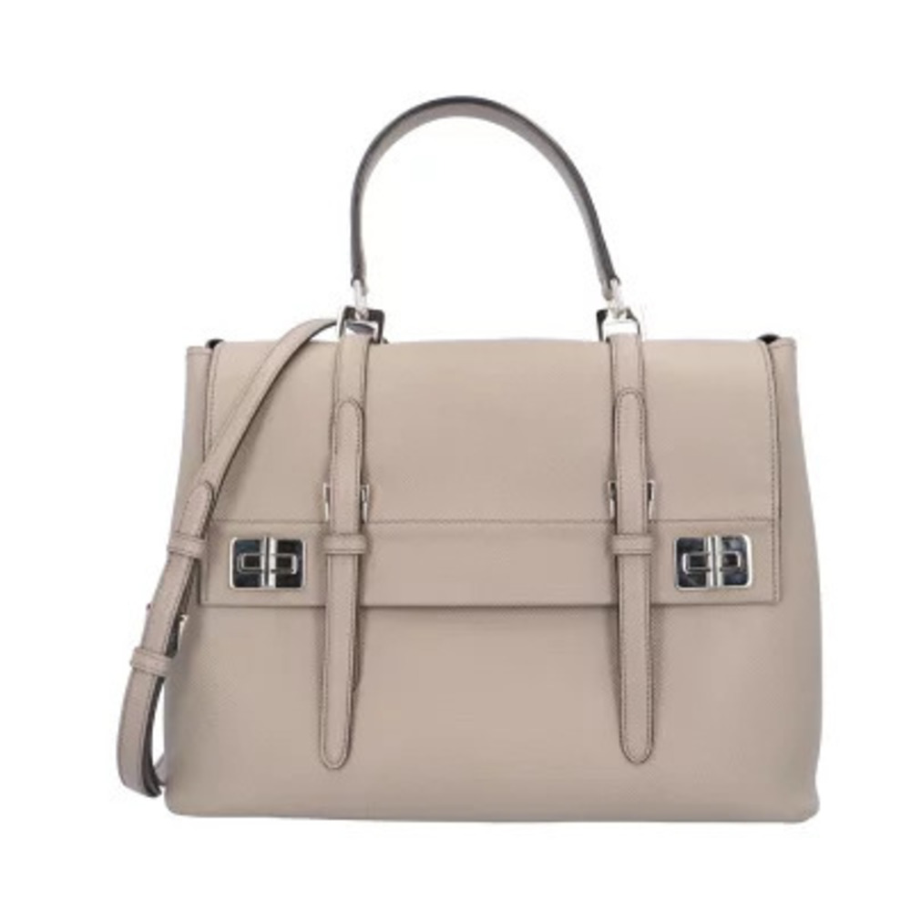 Prada Saffiano Cuir Leather Double Turn Lock Satchel neutral beige gray